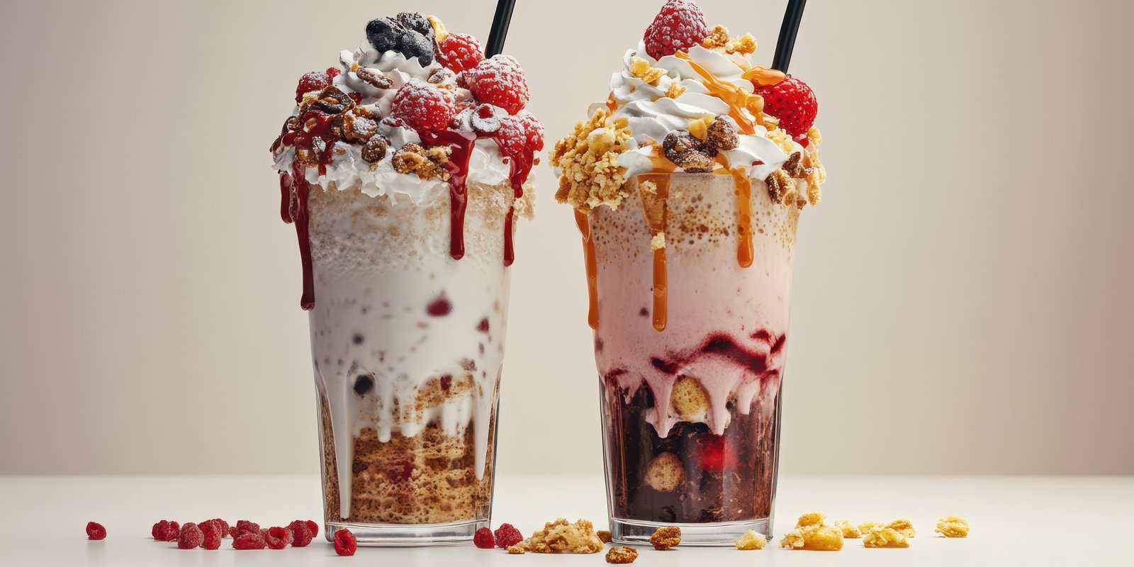 Delicious ice cream desserts topped with whipped cream, fruits, and chocolate drizzle showcased indoors